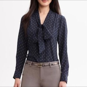 Banana Republic Logo Print 100% Silk Pussy Bow Logo Blouse